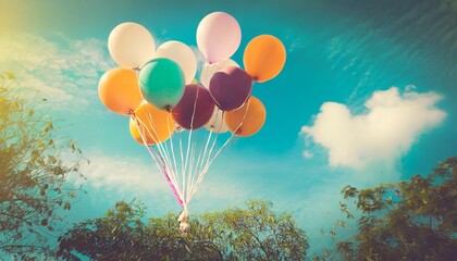 Obraz na płótnie Canvas vintage multicolor balloons with done with a retro instagram filter effect on blue sky ideas for the background of love in summer and valentine wedding honeymoon concept