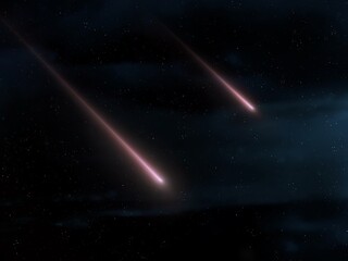Two fireballs glow at night. Meteors in the starry sky. Beautiful falling stars isolated.