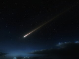 Falling star in the atmosphere. A long meteorite trail against the background of the night sky. Falling bright meteor.