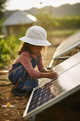 Tiny girl inspecting the solar panel system. Human interaction with solar energy systems committed to sustainability and renewable energy. - obrazy, fototapety, plakaty