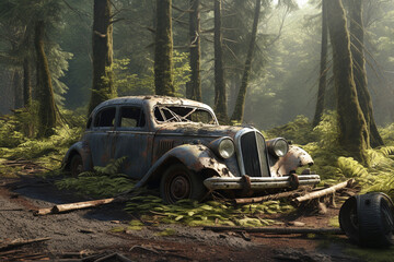 old wrecked car in the forest on the grass