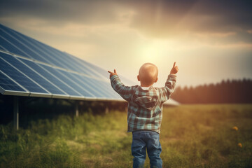 Young boy assessing the solar panel system. Human interaction with solar energy systems committed to sustainability and renewable energy.