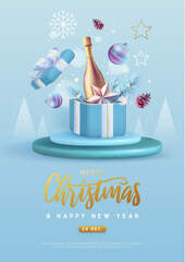 Merry Christmas holiday poster with 3D champagne bottle, Christmas tree branch, pine cone, star and gift box.  Vector illustration