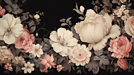 A black and white floral wallpaper with pink and white flowers, vintage floral design, frame with flowers.
