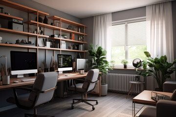 Modern home office in the living room, Convenient, comfortable, nice place to work, Remote work from home, Minimal interior decor design background.