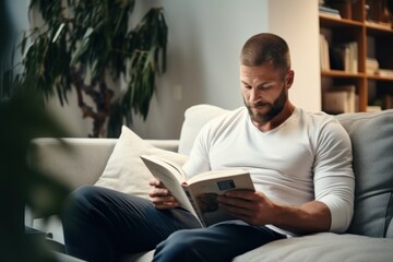 A young man relaxing at home sits on the sofa reading a book