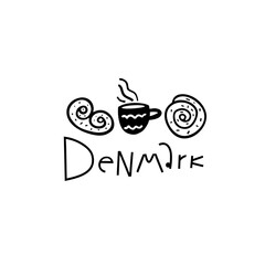 Vector Hand Drawn Denmark Label. Travel Skandinavian Illustration. Hand Writen Lettering Illustration. Danish Symbol Logo