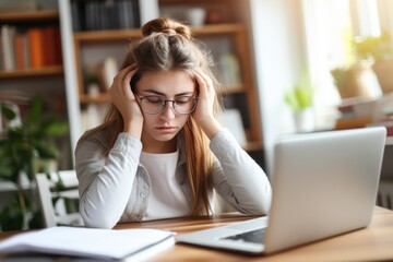 young female student who are tired of doing homework at their desks at home Tired woman with irritability and stress