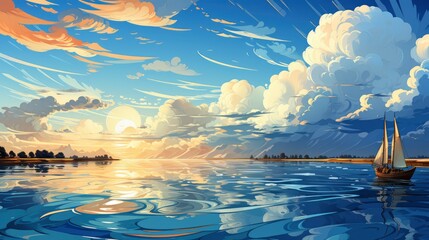 Blue Sea Cloudy Sky Over Ukrainian, Background Banner HD, Illustrations , Cartoon style