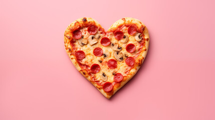 heart shaped pizza for valentines day  isolated on pink background. copy space