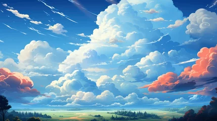 Foto op Canvas Blue Sky Clouds Sun Light Background, Background Banner HD, Illustrations , Cartoon style © Alex Cuong