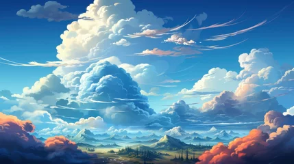 Gordijnen Blue Sky Clouds Sun Light Background, Background Banner HD, Illustrations , Cartoon style © Alex Cuong