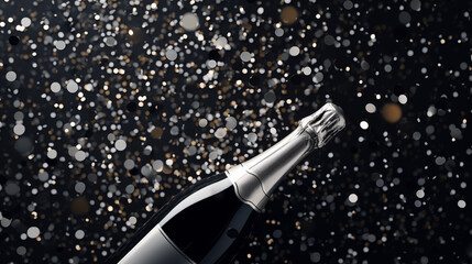 New Year Celebration -  blank silver champagne bottle on a black background with confetti