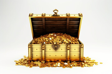 Open golden treasure chest isolated on white 3D rendering