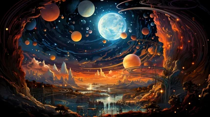 Foto op Plexiglas Book Universe Opened Magic Planets Galaxies, Background Banner HD, Illustrations , Cartoon style © Alex Cuong