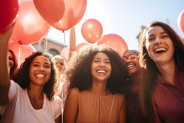 Group of young women having fun with red balloons on a sunny day ai generated art - Powered by Adobe