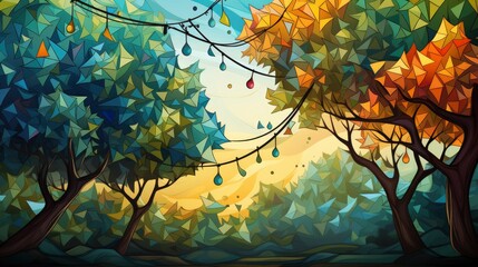 Colorful Pennant String Decoration Green Tree, Background Banner HD, Illustrations , Cartoon style