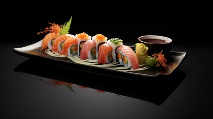 An artful composition of sushi rolls, sashimi, and wasabi on sleek black serving plates, creating a visually appealing display of Japanese cuisine against a neutral background