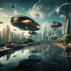 Flying saucers over futuristic megapolis. Sunrise. 3D rendering