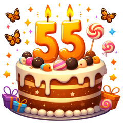 55 year old birthday cake or 55 year anniversary cake celebration with balloons and party decoration transparent background