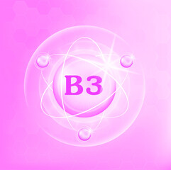 Vitamin B3 icon structure light pink purple, white . Medicine health symbol of thiamine. 3D Vector Illustration. Complex with chemical formula. Personal care, beauty. Drug business concept.	