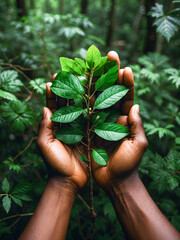 Green stem with leaves in palm of hands as net zero concept and carbon neutral natural environment. Climate neutral long term emissions strategy goals 
