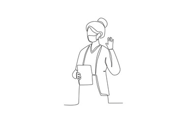 One continuous line drawing of Female teacher with mask greeting students. Hospital health care concept single line draw design vector illustration
