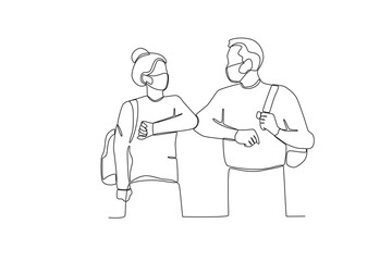 One continuous line drawing of Male and female students shake elbows to reduce the spread of disease. Hospital health care concept single line draw design vector illustration
