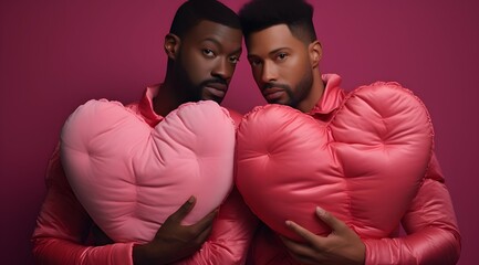 Obraz premium Vibrant Love - Gay Male Couple Holding Heart-Shaped Pillows