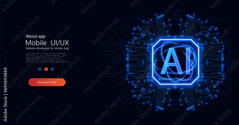 Poster artificial intelligence circuit line style. futuristic microchip processor with lights on the blue b