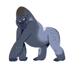 Naklejka premium Strong gorilla with serious look walking. Muscular primate, great ape, stern large monkey strolling. African animal, jungle inhabitant. Exotic fauna, nature. Flat isolated vector illustration on white