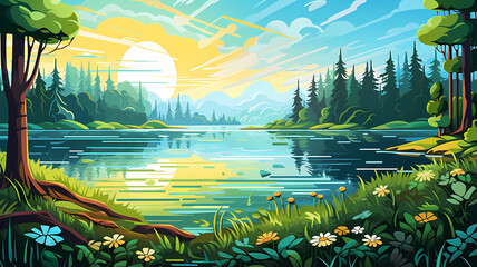 Illustration of the lakeside forest scenery under the beautiful sky
