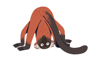 Red ruffed lemur fooling, standing in upside down pose. Playful monkey, cute happy primate. Funny Madagascar animal, furry rainforest inhabitant. Flat isolated vector illustration on white background © Paper Trident