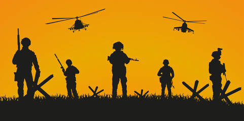 Fototapeta na wymiar The military is moving forward. Silhouette of soldiers with weapons at the end of the battle.