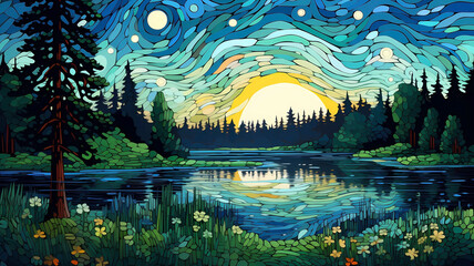 Beautiful night scenery illustration by the lake under the starry sky
