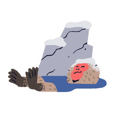 Japanese macaque rest at hot spring. Asian macaca swimming in pond. Cute snow monkey warms itself in water in winter. Happy primate, funny animal. Flat isolated vector illustration on white background