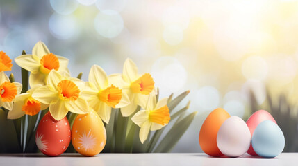 copy space, stockphoto, tow view, easter background with colored easter eggs and daffodils. Greeting card for easter. Easter mockup. Beautiful easter greeting card, invitation. Poster.