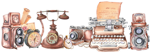 Vintage typewriter, cameras and telephone and pocket watch. Watercolor illustration. Panoramic horizontal border. - 695894606