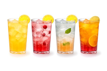 A set of different fruit drinks isolated on a white background.