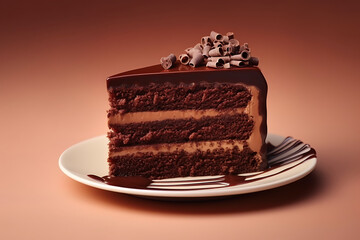 beautiful chocolate piece of cake isolated on a brown background.