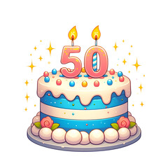 50 year old birthday cake or 50 year anniversary cake celebration with balloons and party decoration transparent background
