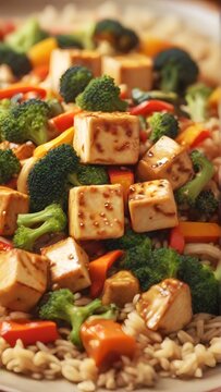 Vegetable and Tofu Stir-Fry, Stir-fry tofu with a variety of colorful vegetables (bell peppers, broccoli, carrots) in a savory sauce, served over brown rice or noodles, background image, generative AI