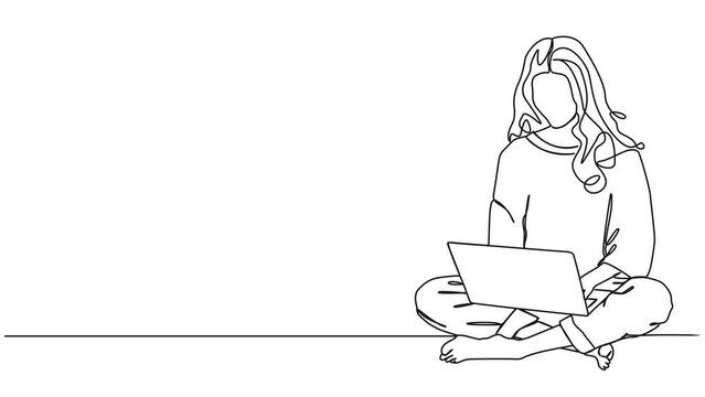 animated continuous single line drawing of woman sitting cross-legged on floor using laptop computer, line art animation