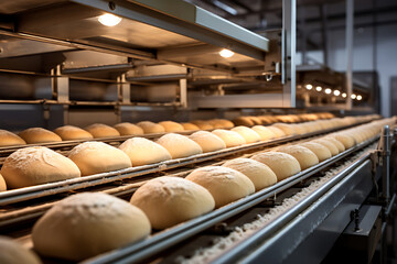 conveyor bread production line at a factory - obrazy, fototapety, plakaty