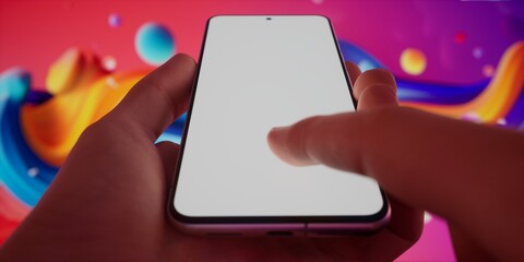  Caucasian man holding phone on a bright vivid colorful bg, blank screen mockup