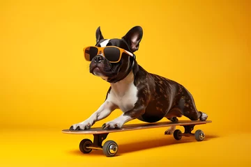 Poster fashionable funny and creative dog in sunglasses on skateboard isolated on yellow background, summer sport background with active pet © Marina Shvedak