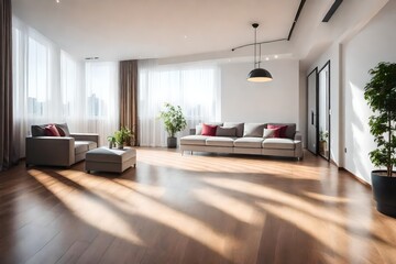 Empty living room with hardwood floor in modern apartment.