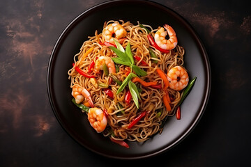 korean traditional dish fried noodles with shrimp and chili pepper