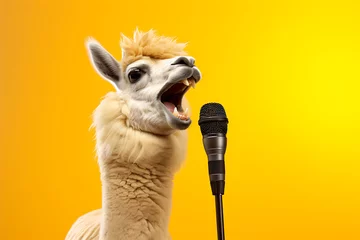 Foto auf Alu-Dibond musical cool llama singing karaoke using a microphone on a yellow background © Marina Shvedak