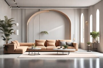 Modern minimalist interior with arch, concrete floor, sofa, coffe table and decor. 3d render illustration mock up.